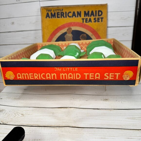 VTG Akro Agate Little American Maid Tea Set Children's Toys Dishes Green & White - Picture 5 of 16
